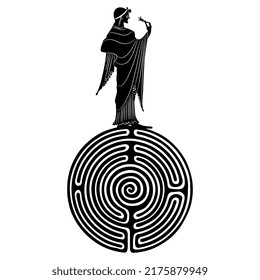 Ancient Greek woman standing on top of a round spiral maze or labyrinth symbol and holding flower. Ariadne. Creative mythological concept. Black and white silhouette.
