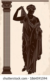 An ancient Greek woman stands and puts on a dress near the column.