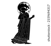 Ancient Greek woman as starry night with full moon as her nimbus. Goddess Selene or Nyx. Creative concept for lunar feminine energy. Female archetype. Black and white silhouette.