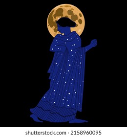 Ancient Greek woman as starry night with full moon as her nimbus. Goddess Selene or Nyx. Creative concept for lunar feminine energy. Female archetype. On black background.