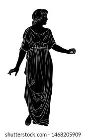 An ancient Greek woman in a tunic and barefoot stands and looks away. Vector image isolated on white background.