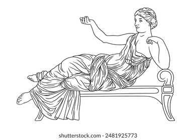 An ancient Greek woman in a tunic lies on the bed and rests. Figure isolated on white background