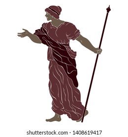 An ancient Greek woman in a tunic with a rod is standing, speaking and making a gesture. Vector image isolated on white background.