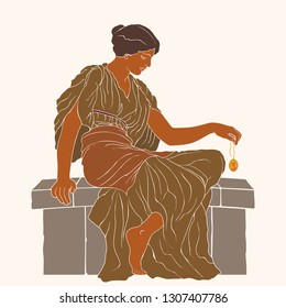 An ancient Greek woman in a tunic sits and holds a jewelry in her hand. Vector illustration isolated on beige background.
