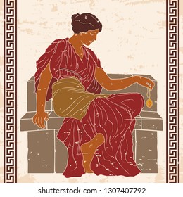 An ancient Greek woman in a tunic sits and holds a jewelry in her hand. Vector illustration on a beige background with the aging effect.