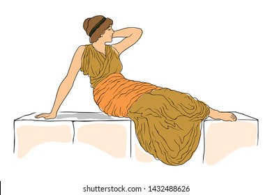 An ancient Greek woman in a tunic sits on a stone pedestal. Vector image isolated on white background.