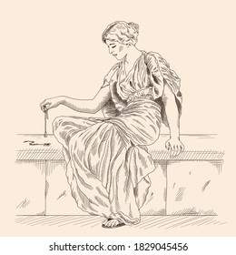 An ancient Greek woman in a tunic sits and holds a jewelry in her hand.