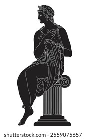 Ancient Greek woman in a tunic sits on a column. The figure is isolated on a white background.