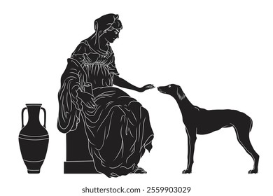 An ancient Greek woman in a tunic sits on a marble pedestal playing with a dog. A jug of wine and water stands nearby. Figure isolated on white background