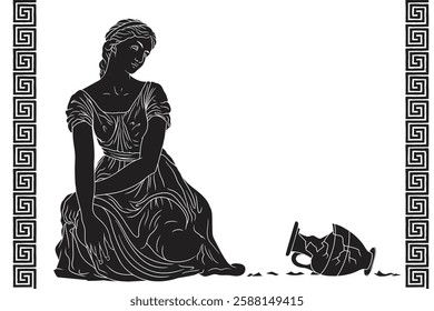 An ancient Greek woman in a tunic sits on the floor next to a broken jug of wine and water. Figure isolated on white background