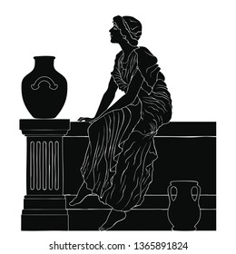 An ancient Greek woman in a tunic is sitting on the parapet between two jugs. Vector image isolated on a white background.