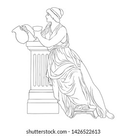 An ancient Greek woman in a tunic is sitting with a jug and a glass in her hands. Vector image isolated on a white background.