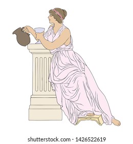 An ancient Greek woman in a tunic is sitting with a jug and a glass in her hands. Vector image isolated on a white background.