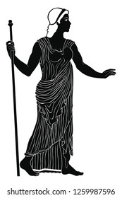 Ancient Greek Woman In A Tunic With A Staff In Her Hand Isolated On White Background.