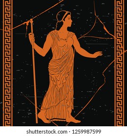 Ancient Greek woman in a tunic with a staff in her hand on a black background with the effect of aging and cracks.