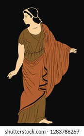 An ancient Greek woman in a tunic is standing. Vector image isolated on black background.