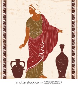 An ancient Greek woman in a tunic is standing between two jugs. Vector image isolated on black background.