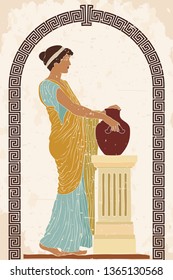 An ancient Greek woman in a tunic is standing with a jug in her hands. Vector color image on a beige background with the effect of aging.