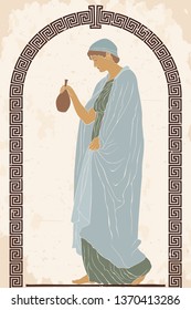 An ancient Greek woman in a tunic is standing with a litle jug in her hand. Vector color image on a beige background.