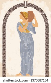 An ancient Greek woman in a tunic is standing with a jug in her hands. Vector color image on a beige background.