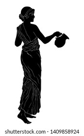 An ancient Greek woman in a tunic is standing with a jug in her hands. Vector image isolated on a white background.