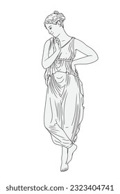 An ancient Greek woman in a tunic standing in a thoughtful pose. Female figure isolated on white background