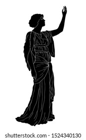 An ancient Greek woman in a tunic stands and raised her hand to the top. Vector image isolated on white background.