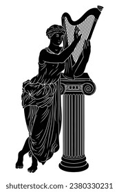 An ancient Greek woman in a tunic stands near a pedestal with a harp and plays music. Drawing isolated on white background