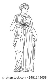 An ancient Greek woman in a tunic stands. Full length portrait isolated on white background.