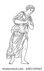 An ancient Greek woman in a tunic stands with her hands clasped together. Full length portrait isolated on white background.