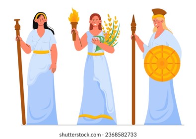 Ancient Greek women set. Young girls with dresses with spear, torch and shield. Culture and history. Poster or banner. Cartoon flat vector collection isolated on white background