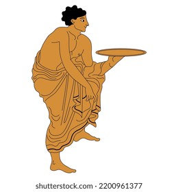 Ancient Greek young man holding a tray. Vase painting style. Isolated vector illustration.