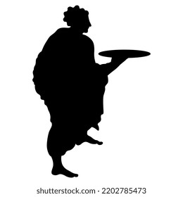 Ancient Greek young man holding a tray. Vase painting style. Black silhouette on white background.