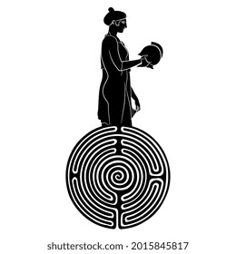 Ancient Greek young woman or goddess holding warrior helmet and round spiral maze or labyrinth symbol. Creative concept. Black and white negative silhouette.