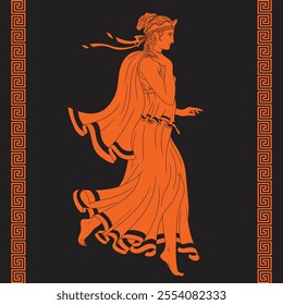 Ancient Greek young woman goddess in tunic dancing. Female figure isolated on a black background and with a meander ornament