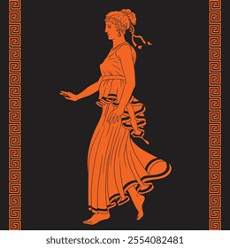 Ancient Greek young woman goddess in tunic dancing. Female figure isolated on a black background and with a meander ornament