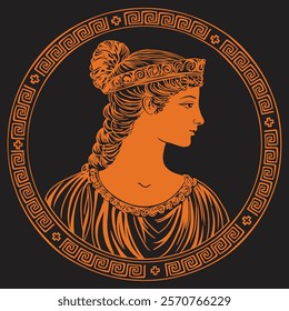 Ancient Greek young woman goddess in tunic. Female portrait isolated on a black background and with a meander ornament