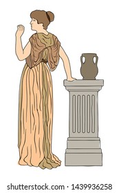 Ancient Greek young woman standing near a stone column with a jug. Vector image isolated on white background.