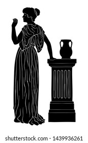 Ancient Greek Young Woman Standing Near A Stone Column With A Jug. Vector Image Isolated On White Background.