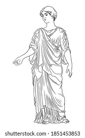 An ancient Greek young woman in a tunic and cape stands looks away and gestures. Figure isolated on white background.