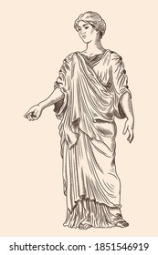 An ancient Greek young woman in a tunic and cape stands looks away and gestures. Antique engraving.