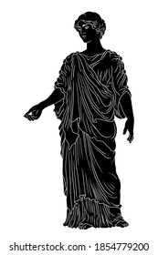 An ancient Greek young woman in a tunic and cape stands looks away and gestures.
