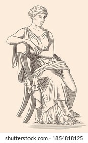 An ancient Greek young woman in a tunic sits on a chair. Antique engraving.