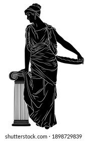 An ancient Greek young woman in a tunic and cape stands looks away and holding a dish in his hand. Figure isolated on white background.