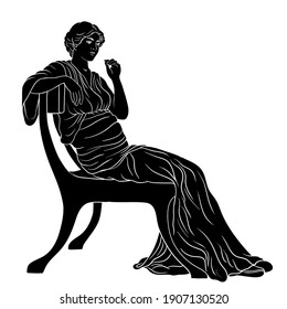 An ancient Greek young woman in a tunic sits on a chair. Silhouette isolated on white background.