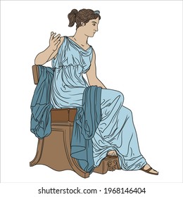 An ancient Greek young woman in a tunic sits on a chair. Figure isolated on white background.