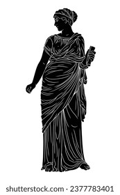 An ancient Greek young woman in a tunic stands and holds a papyrus scroll. Drawing isolated on white background