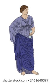 An ancient Greek young woman in a tunic stands and holds a papyrus scroll. Drawing isolated on white background