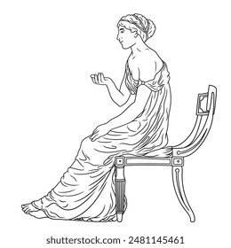 An ancient Greek young woman in a tunic sits on a chair talking to her interlocutor and gesticulating. Figure isolated on white background