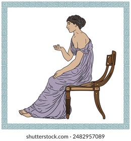 An ancient Greek young woman in a tunic sits on a chair talking to her interlocutor and gesticulating. Figure isolated on white background